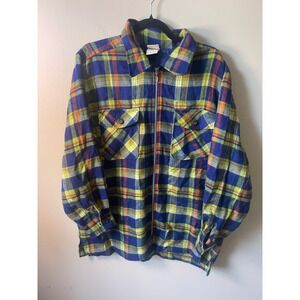 Essentials Style Mens Blue Green Plaid Zip Up Flannel Lined Shirt Jacket Large